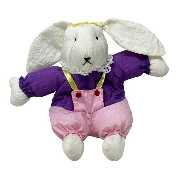 Wang's International Nylon Bunny Rabbit Plush Pink Overalls Purple Shirt 5 Inch - Picture 1 of 14